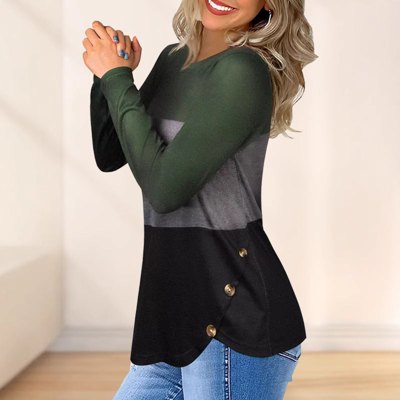 Damen Langarm-Colorblock-Shirt mit rundem Saum und seitlichem Knopfdetail – Avérine