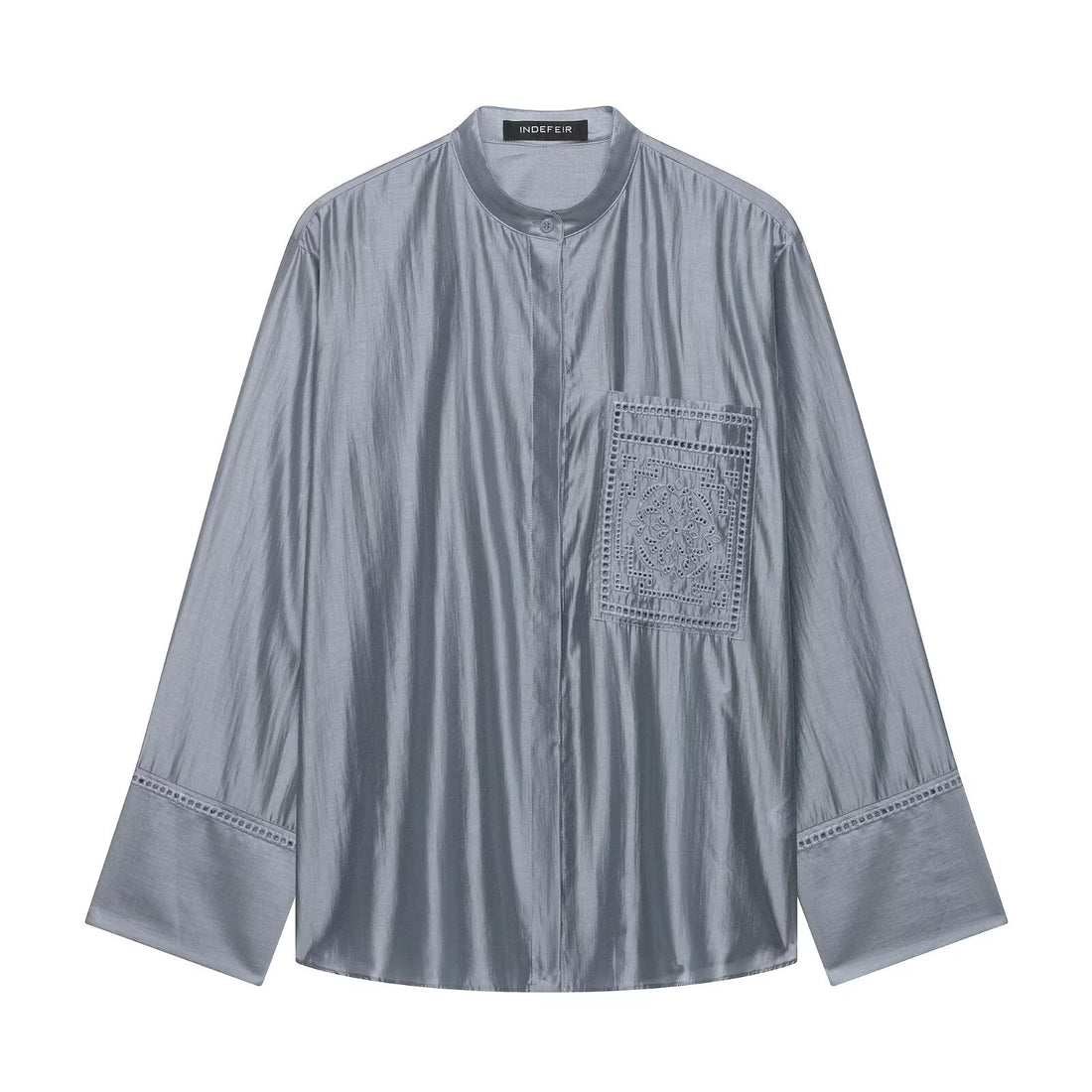 Damen Oversize Seidenoptik-Bluse mit Stehkragen und bestickter Brusttasche Echo Archiv