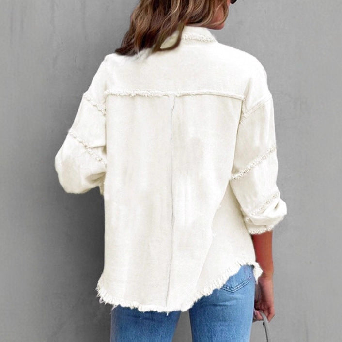 Damen Lässige Denim-Überwurfjacke im Hemdstil mit Raw-Edge und Druckknopfleiste Echo Archiv