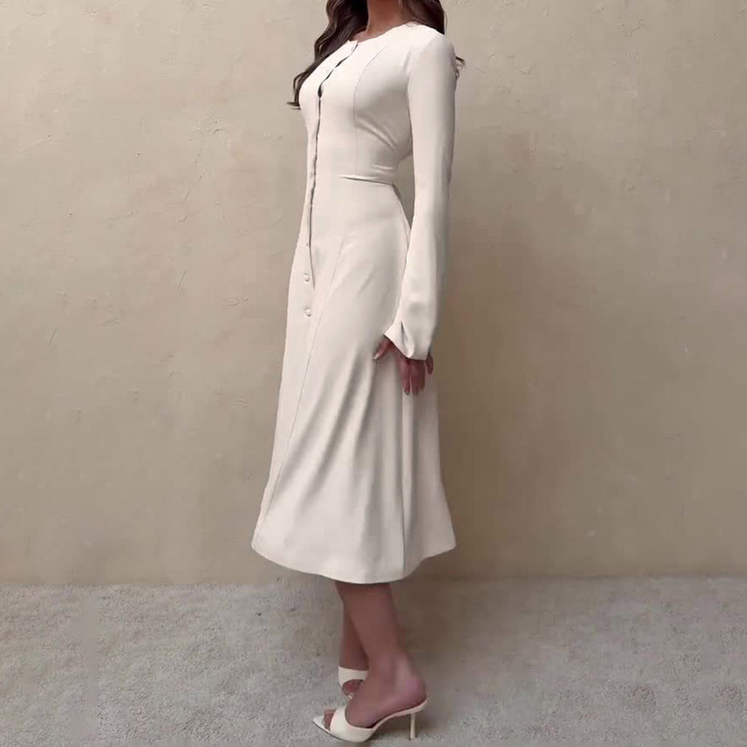 Damen Langärmeliges Midikleid im A Linien Schnitt mit durchgehender Knopfleiste Echo Archiv