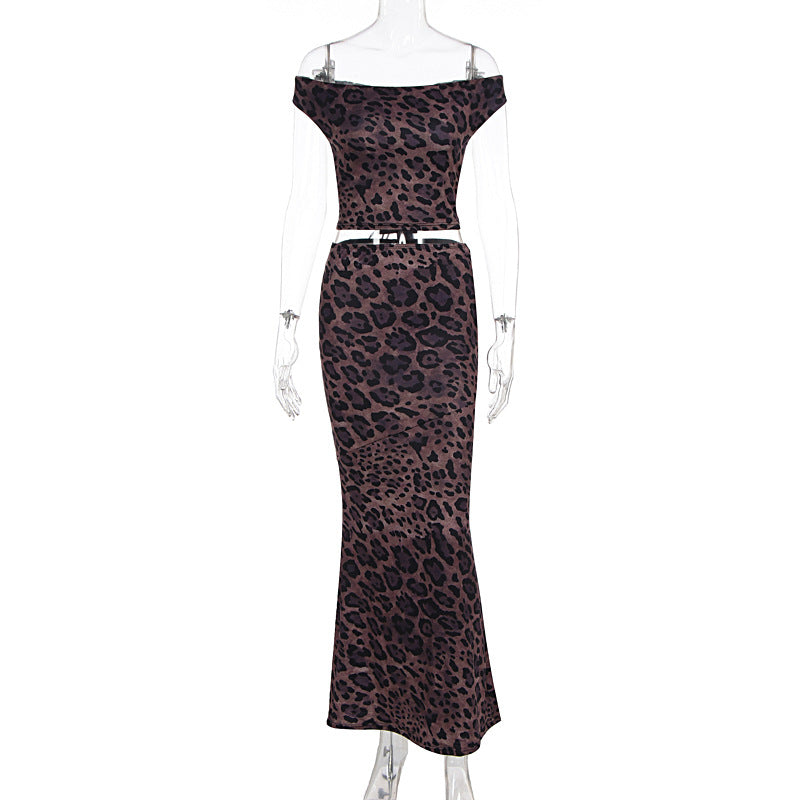 Damen Elegantes Maxikleid mit schulterfreiem Design und Leopardenmuster Echo Archiv