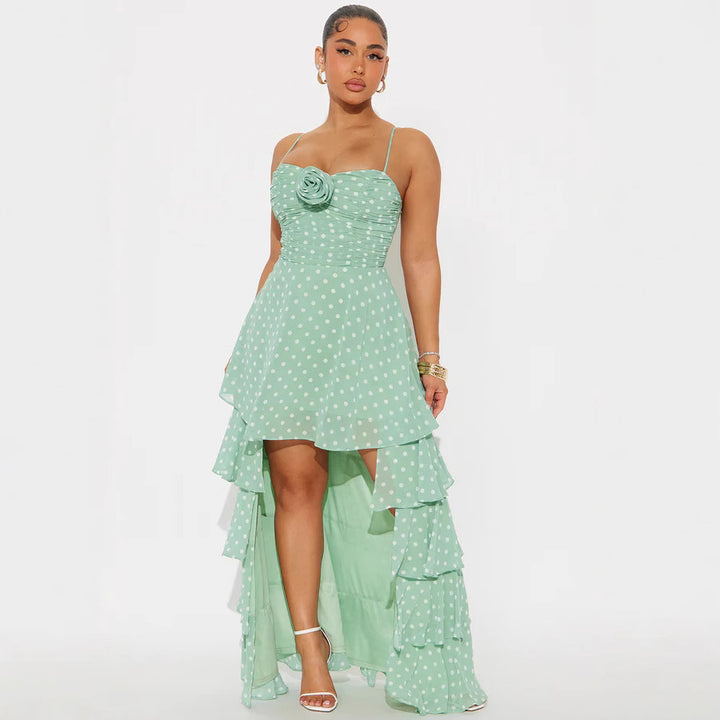 Damen Verspieltes Polka-Dots Maxikleid mit asymmetrischem Rock und floralen Akzenten Echo Archiv