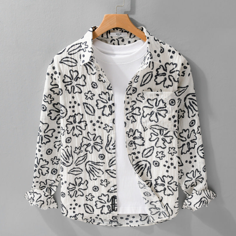 Herren Lockeres Crinkle-Hemd mit handgezeichnetem Blumenprint und Brusttasche Echoarchiv