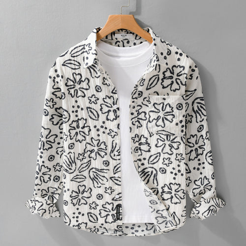 Herren Lockeres Crinkle-Hemd mit handgezeichnetem Blumenprint und Brusttasche Echoarchiv