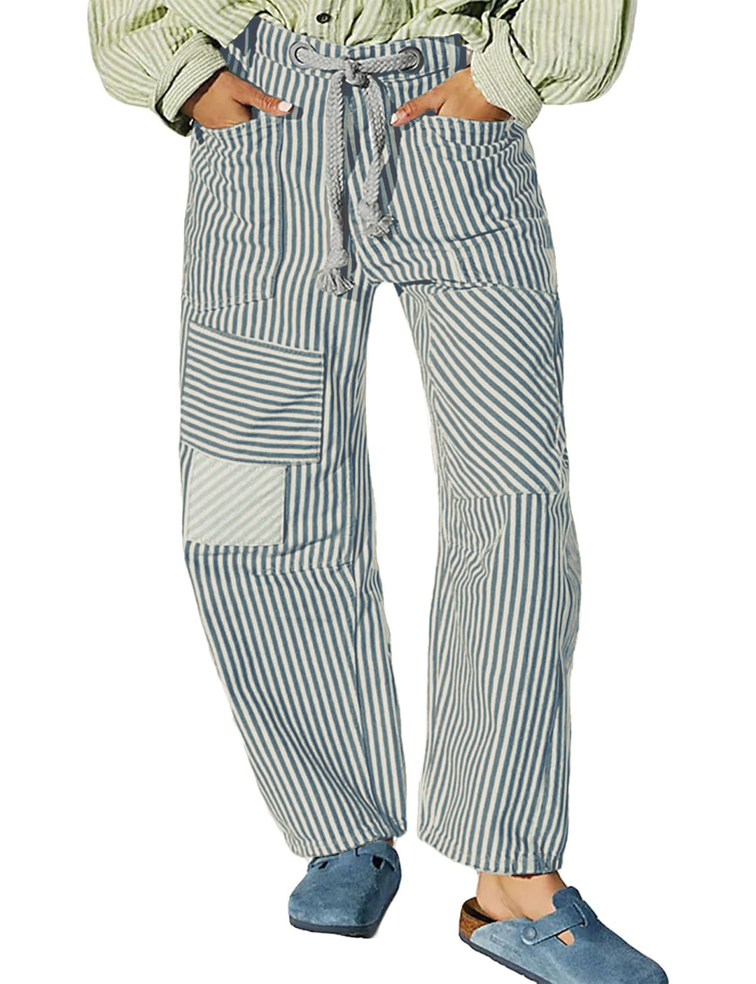 Damen nan lässige gestreifte Leinenhose mit Kordelzug und aufgesetzten Taschen Echo Archiv