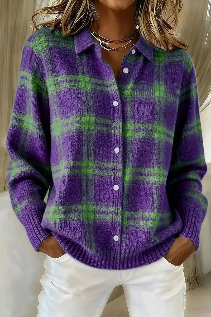 Damen Kariertes Strick-Hemdjacke-Cardigan mit Hemdkragen und gerippten Bündchen Echoarchiv