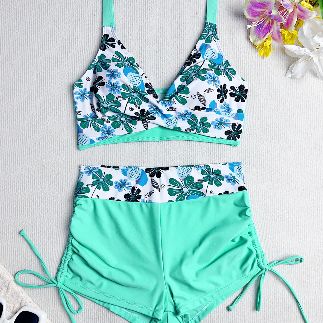 Damen Hochgeschnittenes Bikiniset mit floralem Oberteil und flexiblen Shorts Echo Archiv