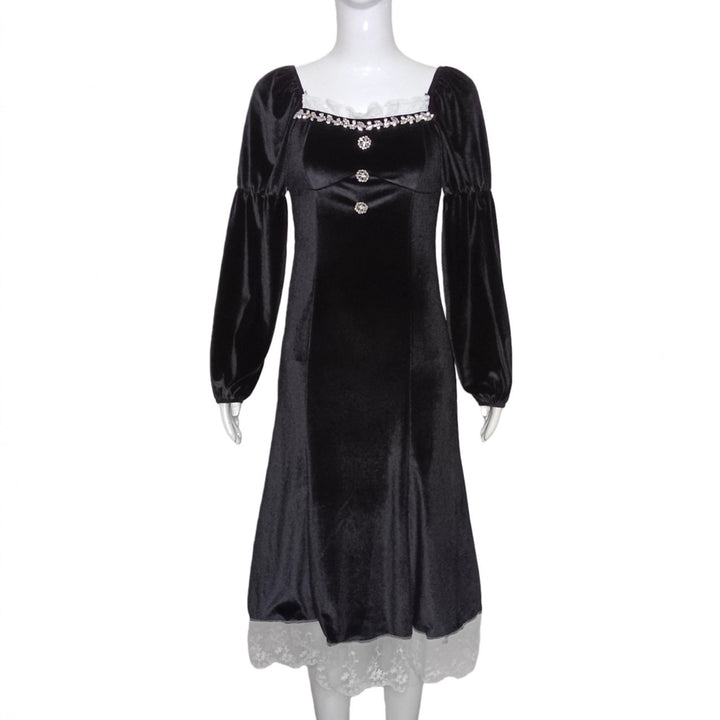 Damen Samt‑Midikleid mit quadratischem Ausschnitt, Puffärmeln und Spitzenuntertritt Echoarchiv
