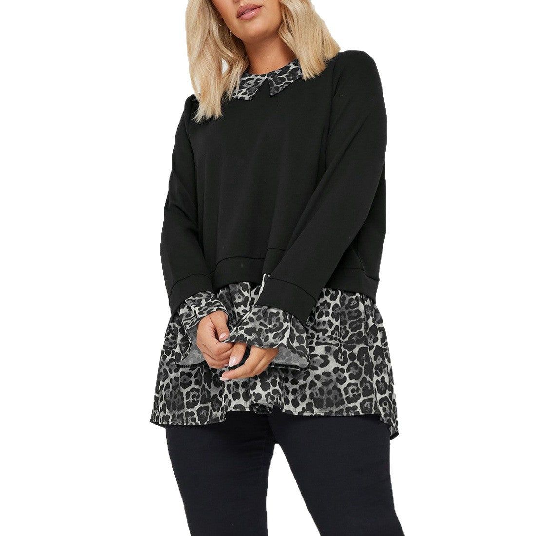 Damen Longsleeve-Tunika mit Chiffon-Volant und Leo-Kragen – Avérine
