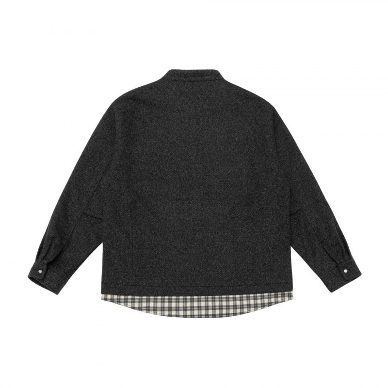 Unisex Oversize Wollmix-Hemdjacke mit Stehkragen, Druckknopfleiste und karierter Saumblende Echo Archiv