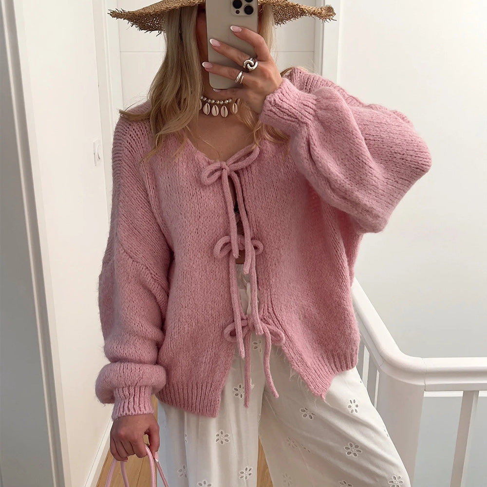 Damen Grobgestrickter Offener Cardigan mit Bindebändern, Oversize‑Silhouette und Raglanärmeln – Veloura