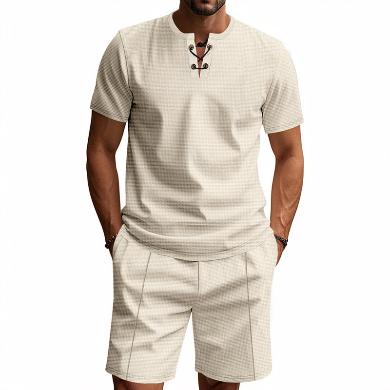Herren Kurzarm-Henley-Set mit modischem Schnürdesign und atmungsaktivem Material Echoarchiv