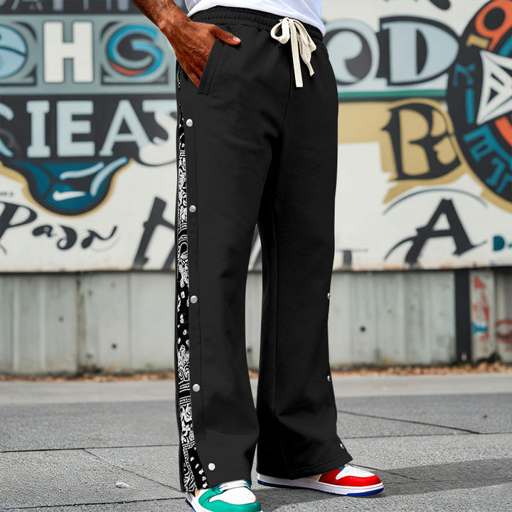 Herren Weite Snap-Trackhose mit Tunnelzug, seitlicher Bandana-Blende und Druckknopfleiste – Sorevano