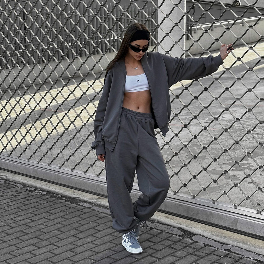 Damen Loose-Fit Freizeit-Set mit Zip-Kapuze und weitem Palazzo-Jogger – Avérine