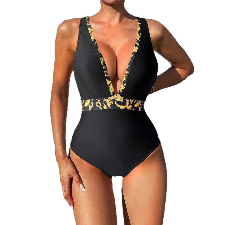 Damen Einteiliger Badeanzug mit tiefem V-Ausschnitt und eleganter Gürtel-Detail Echo Archiv