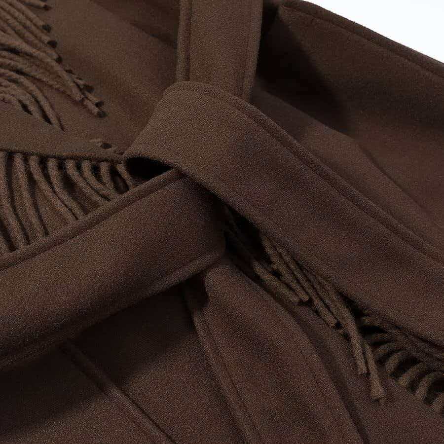 Damen Langer Fransen-Wollmix-Mantel mit Kapuze, Bindegürtel und aufgesetzten Taschen Echo Archiv