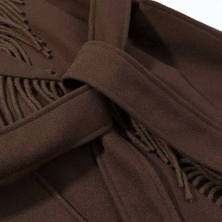 Damen Langer Fransen-Wollmix-Mantel mit Kapuze, Bindegürtel und aufgesetzten Taschen Echo Archiv