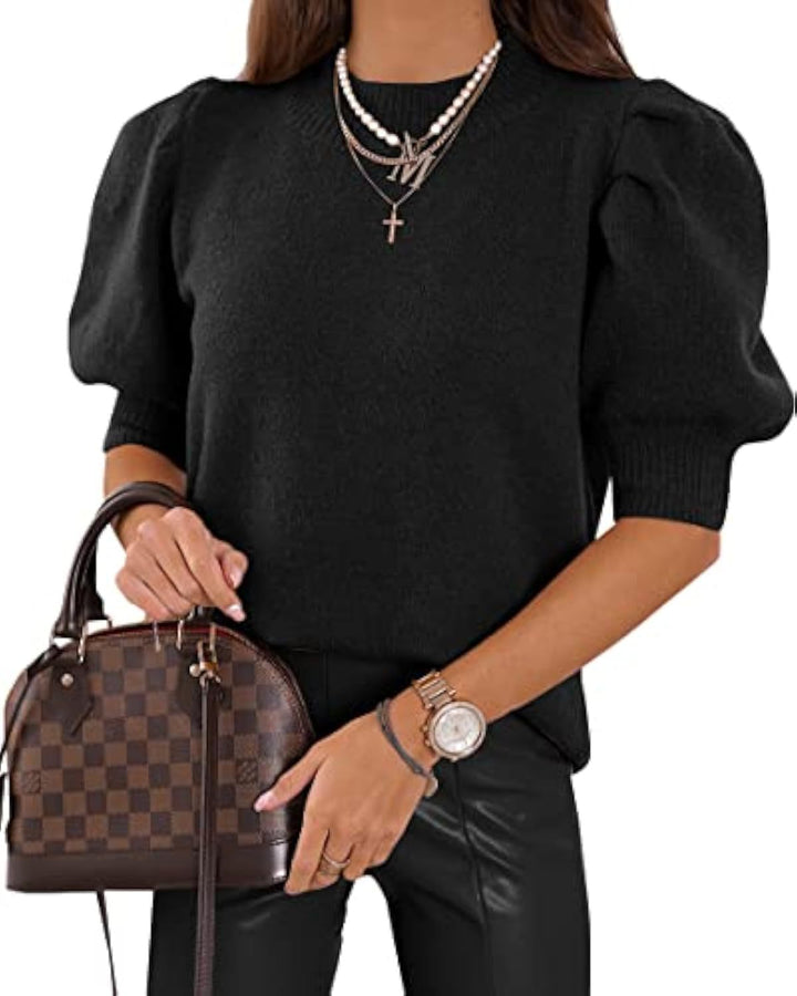 Damen Kurzgeschnitteter Feinstrickpullover mit Puffärmeln und Rippbündchen – Mavelle