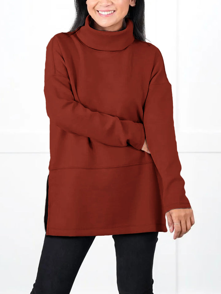 Damen Oversize Sweat-Tunika mit hohem Rollkragen, seitlichen Schlitzen und verlängertem Saum – Avérine