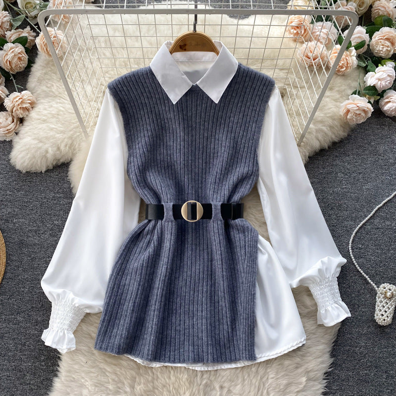 Damen Lagenlook-Bluse mit Rippstrick-Überwurf und Taillengürtel – Élovi