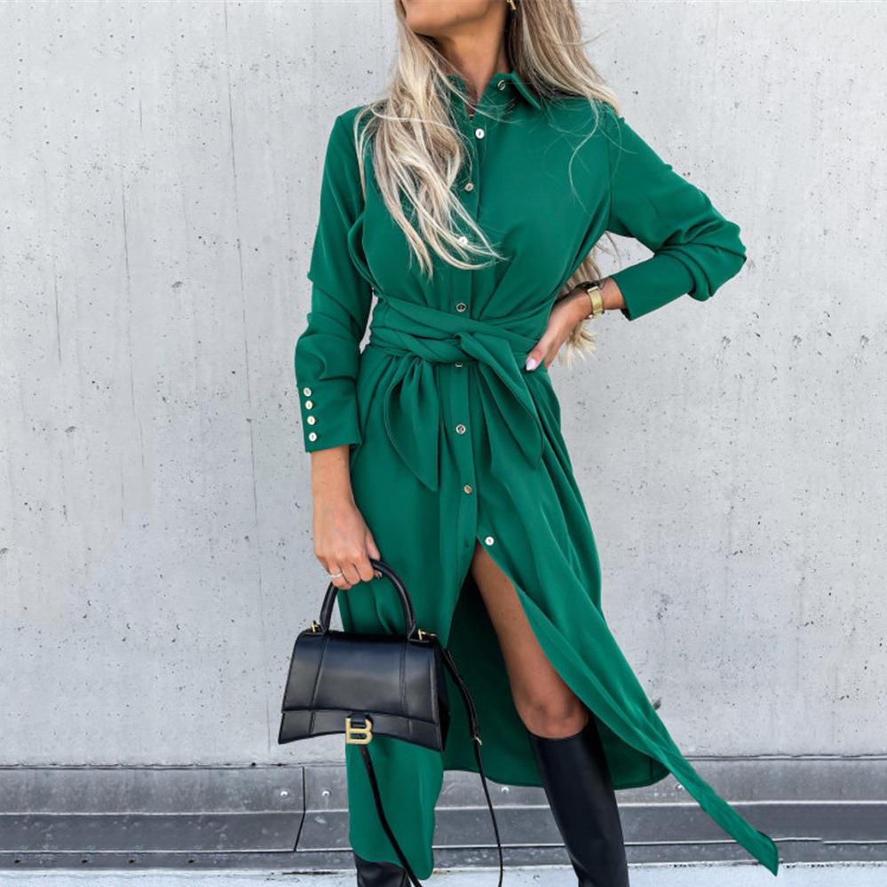 Damen Tailliertes Hemdblusen-Midikleid mit Bindegürtel, Manschetten und Frontschlitz Echoarchiv