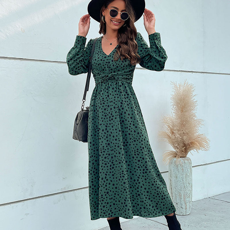 Damen Midikleid im Retro-Pünktchen-Design mit Wickeloptik, V-Ausschnitt und tailliertem Bindegürtel Echoarchiv