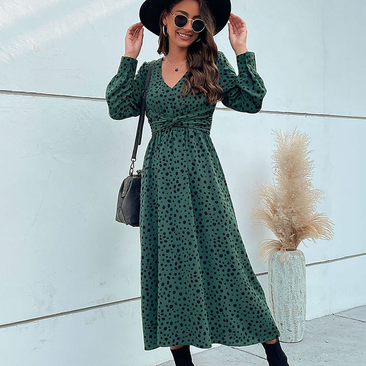 Damen Midikleid im Retro-Pünktchen-Design mit Wickeloptik, V-Ausschnitt und tailliertem Bindegürtel Echoarchiv