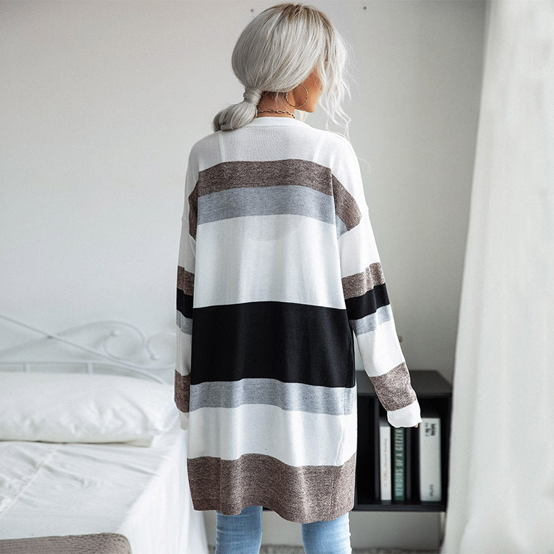 Damen Oversize Langer Strickcardigan mit Blockstreifen und offener Front Echoarchiv