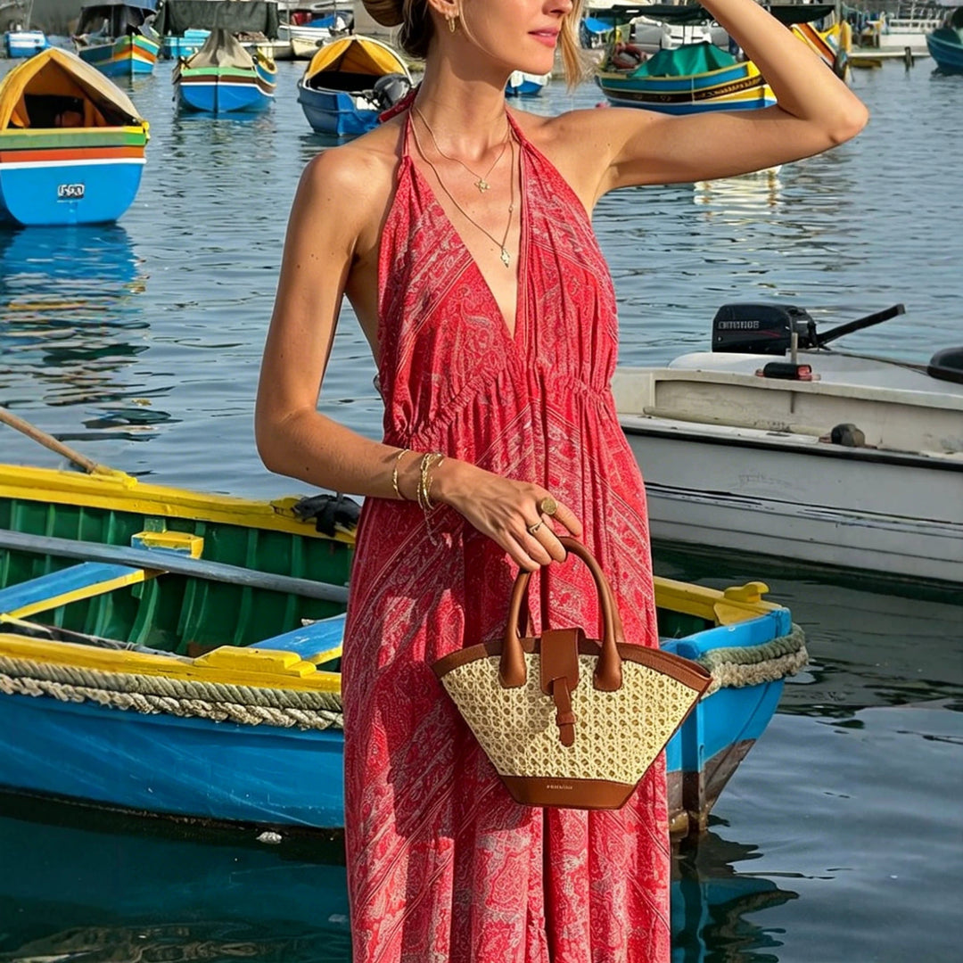 Damen Boho-Maxikleid mit Nackenband, Rückenfreiem Schnitt und Volant – Avérine