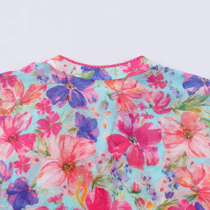 Damen Leichte Bluse im Aquarell-Floralmuster mit Stehkragen und dreiviertelärmeln Echoarchiv