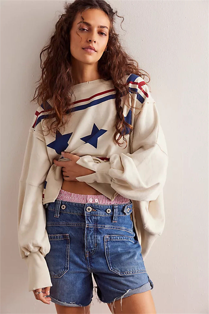 Damen oversized Sweatshirt mit Rüben-Print, ausgefransten Nahtakzenten und Daumenlochärmeln – Avérine
