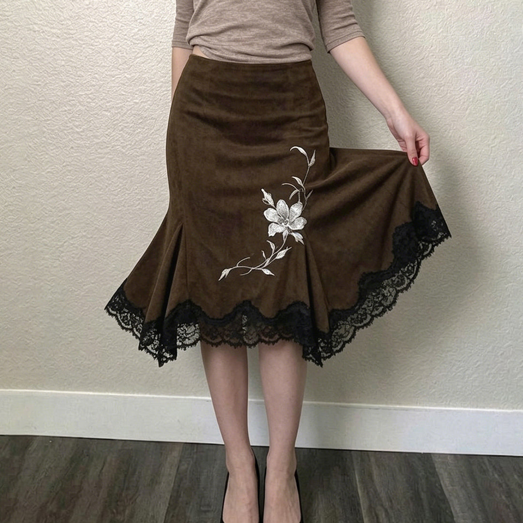 Damen Midirock aus Velourslederimitat mit floraler Stickerei und Spitzenbesatz – Élara