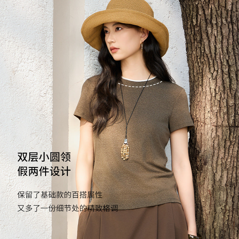 Damen Feines geripptes Kurzarm-T-Shirt aus stretchigem Baumwoll-Modal mit Rundhals Echo Archiv