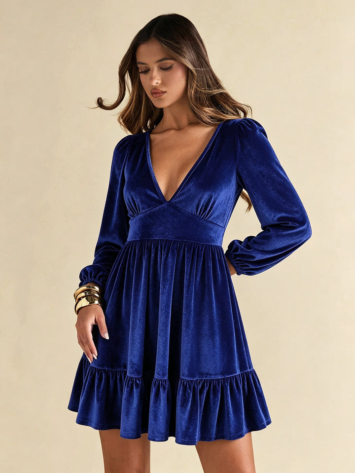 Damen elegantes Samt-Stufenminikleid mit tiefem V-Ausschnitt, taillierter Empire-Passe und voluminösen Ballonärmeln – Élara