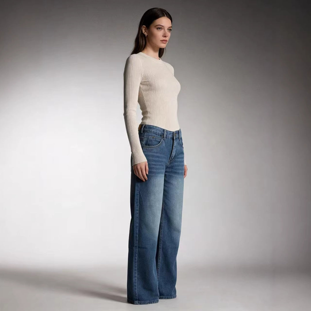 Damen nan hochgeschnittene Weitbein-Jeans mit tonaler Seitennaht und verwaschenem Verlauf Echo Archiv