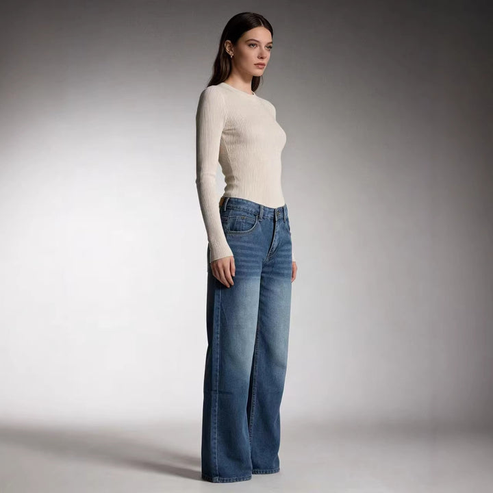 Damen nan hochgeschnittene Weitbein-Jeans mit tonaler Seitennaht und verwaschenem Verlauf Echo Archiv