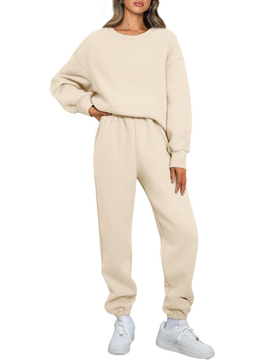 Damen zweiteiliges Comfort-Loungewear-Set mit oversized Rundhals, hochgeschnittener Jogginghose und elastischem Knöchelbund – Élanora