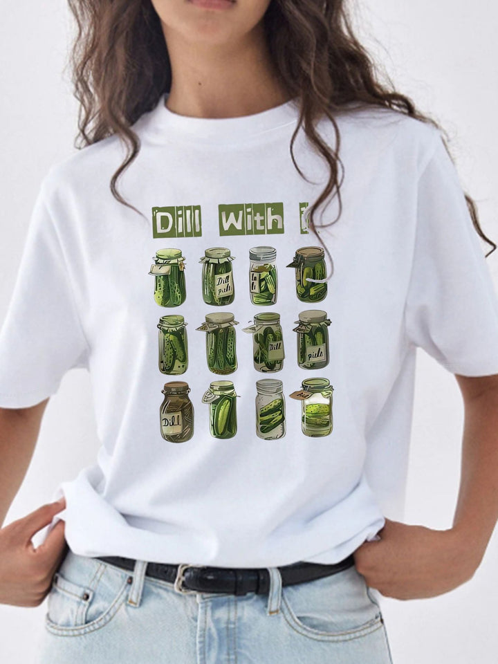 Damen T-Shirt mit kreativem Grafikdruck und luxuriösen Paillettenakzenten Echo Archiv
