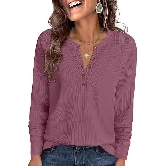 Damen Waffelstrick-Henley-Longsleeve mit Knopfleiste, Raglanärmeln und gerippten Bündchen Echo Archiv