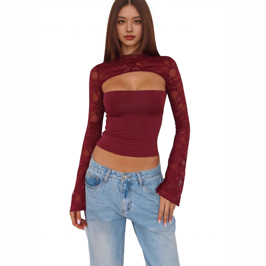 Damen Spitzenoberteil mit innovativem Cut-Out und langen Ärmeln Echo Archiv