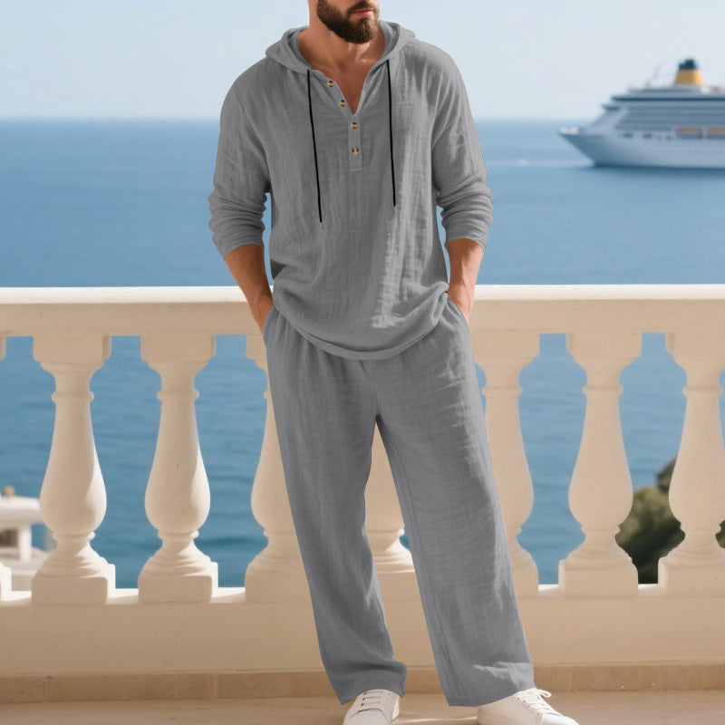 Herren lässiges Hoodie-Langarm-Set aus leichtem Leinenstoff Echoarchiv