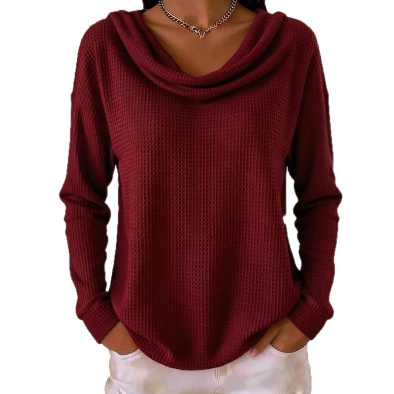 Damen Lässiger Waffelstrick-Pullover mit weitem Wasserfallkragen und gerundetem Saum Echoarchiv