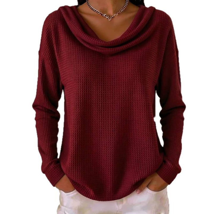 Damen Lässiger Waffelstrick-Pullover mit weitem Wasserfallkragen und gerundetem Saum Echoarchiv