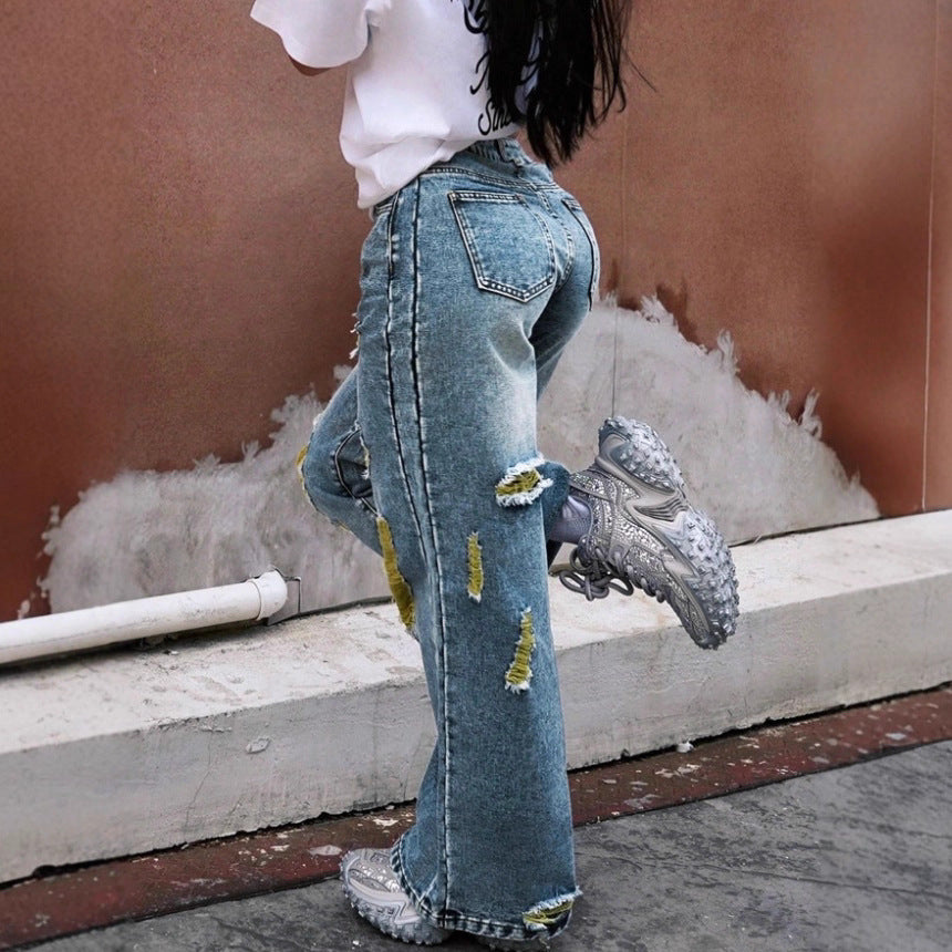Damen weite High-Waist Jeanshose mit Destroyed-Details und kontrastierendem Unterfutter Echo Archiv