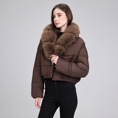 Damen cropped Isolationsjacke mit voluminösem Kunstpelz-Schalkragen und elastischem Saum – Célinea