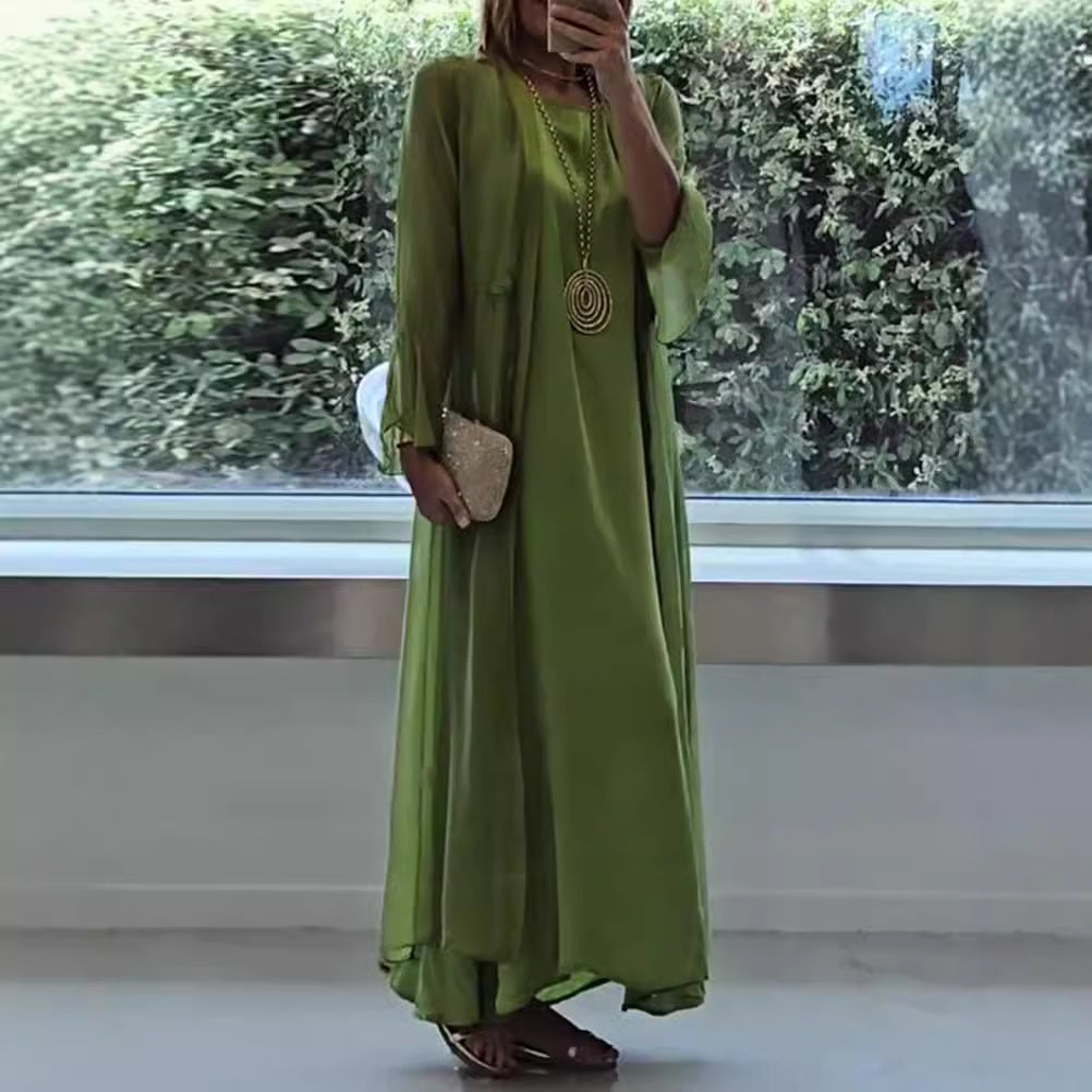 Damen nan elegante Lagen-Abendrobe mit gefüttertem Innenkleid, transparentem Chiffon-Überwurf und taillenverstellbaren Bändern Echo Archiv