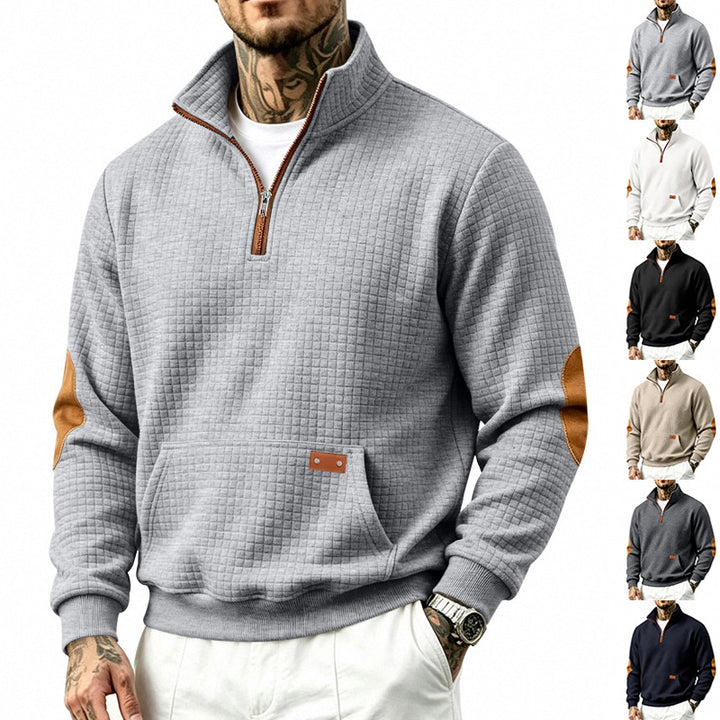 Herren Texturierter Halbzip-Sweat mit Waffelstruktur, Kängurutasche und Leder-Ellbogenbesatz Echoarchiv
