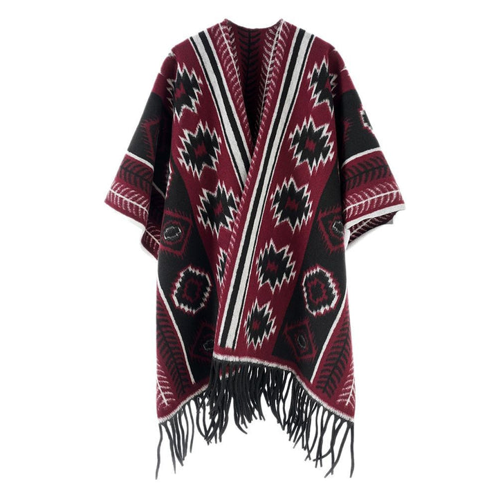 Damen Ethno-Jacquard-Poncho mit Fransen und offenem Oversize-Fall Echo Archiv