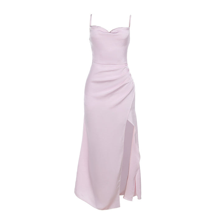 Damen Satin-Maxikleid mit elegantem Stehkragen und seitlichem Schlitz Echo Archiv