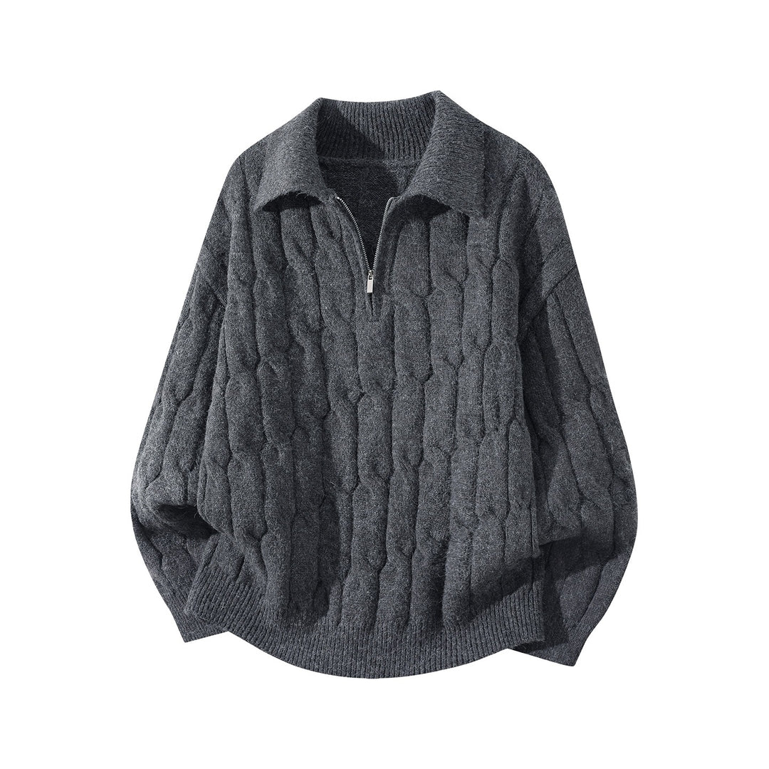 Unisex Oversize Zopfstrickpullover mit Halbreißverschluss und Hemdkragen Echoarchiv